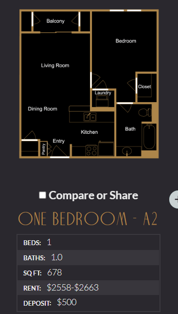 Floor plan for 1 bed, 1 bath, 678 sqft
